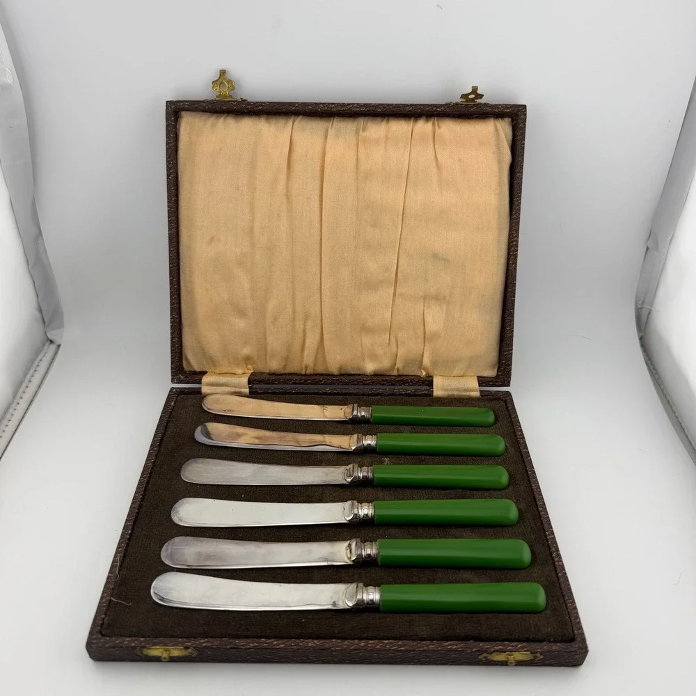 EPNS Green Silver Plate Bakelite Tea Knife Set Vintage Art Deco Case 6pc